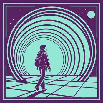 Stylish person stepping into a tunnel of opportunity, a journey of exploration and discovery in a geometric and modern setting vector