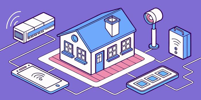 Stylish smart home automation concept for modern living and enhanced security, controlled wirelessly via smartphone and central hub vector