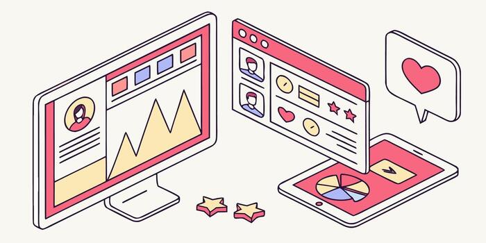 Modern digital marketing analytics dashboard showing website traffic and social media engagement, great for business or tech presentations vector
