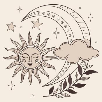 Whimsical sun and crescent moon with stars and celestial elements, creating a dreamy, mystical, and enchanting scene for creative projects. vector