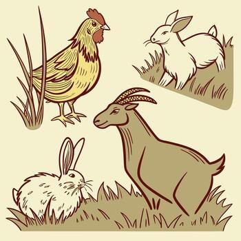Charming farm animals including a chicken, goat, and rabbits gather playfully in a grassy meadow creating a delightful rustic scene vector