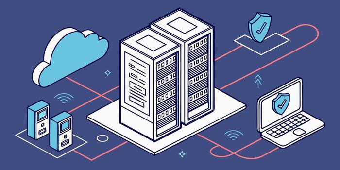Secure cloud network with data servers, laptop protection, and robust digital security for modern business with precision vector