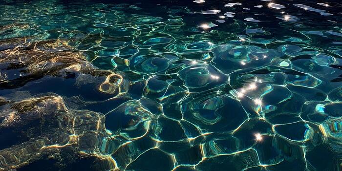 Sunlight sparkles and refracts on a tranquil surface of deep teal water creating beautiful patterns photo