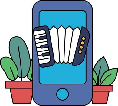 A blue cell phone with a keyboard and a small accordion on top of it vector