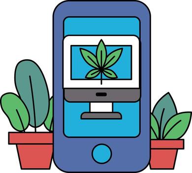 A cell phone with a computer monitor and a leafy plant on the screen vector