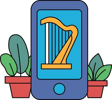 A cell phone with a harp on it is sitting on a table next to two potted plants vector