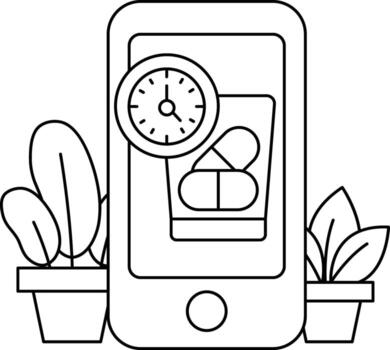 A phone with a clock on it and a pill bottle next to it vector