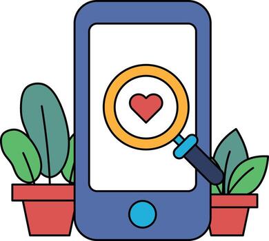 A phone with a magnifying glass on it and a heart in the middle vector