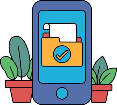 A phone with a check mark on it and a folder icon vector