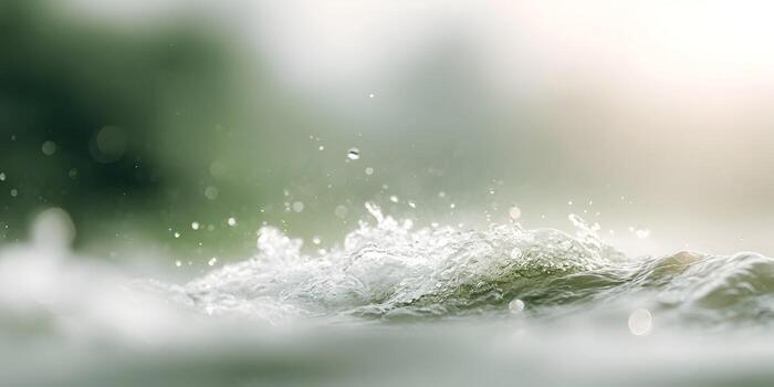 Dynamic close up of water splashing with many clear droplets against a soft green bokeh background photo