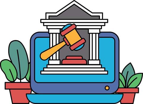 A laptop computer is shown with a gavel and a building in the background vector