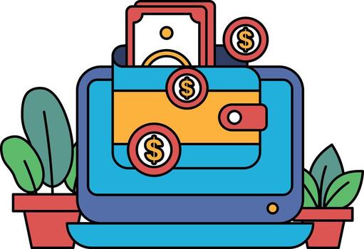 A computer screen with a wallet on it and a bunch of coins vector