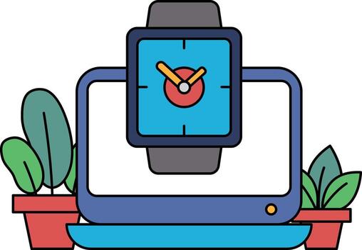 un reloj es desplegado en un computadora pantalla con un verde planta en el antecedentes vector