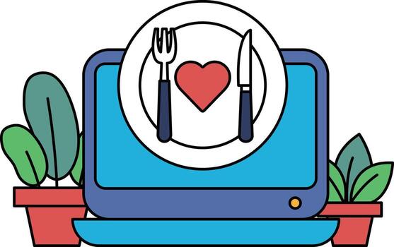 A computer monitor with a plate of food and a knife and fork on it vector