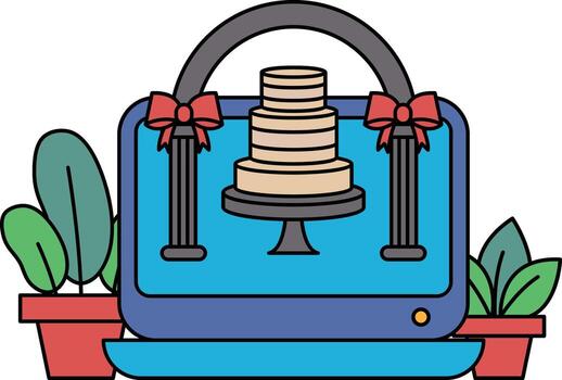 un pastel es desplegado en un ordenador portátil pantalla con un arco alrededor eso vector