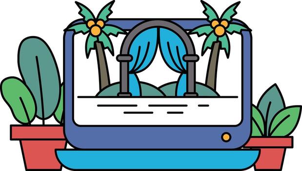 A blue computer monitor with a palm tree and a curtain in front of it vector