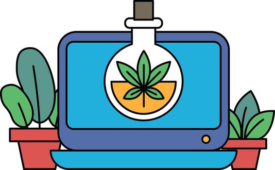 A computer monitor with a plant in a glass jar on it vector
