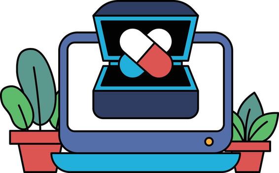 A computer monitor with a pill box on it vector
