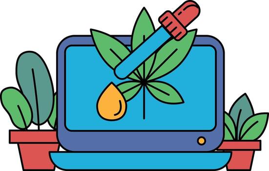 A computer monitor with a plant and a dropper on it vector