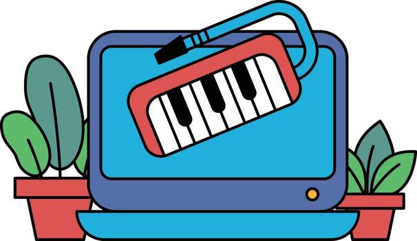 un teclado y un pequeño teclado con un rojo y azul instrumento en parte superior de eso vector