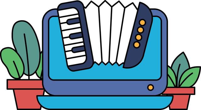 A keyboard and accordion are on a table next to a potted plant vector