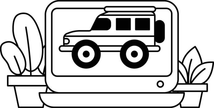 un negro y blanco imagen de un coche es desplegado en un computadora pantalla vector