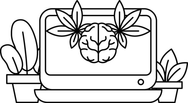 un computadora monitor con un cerebro en eso es rodeado por plantas vector