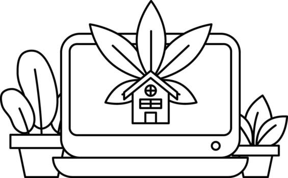 A computer monitor with a house and a plant on it vector