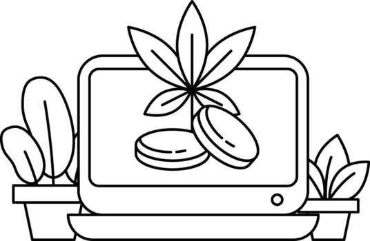 A black and white drawing of a computer monitor with a leafy plant on top of it vector