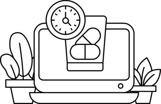 A computer monitor with a clock and pill bottle on it vector