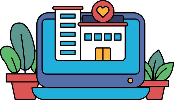 A computer monitor shows a building with a heart on it vector