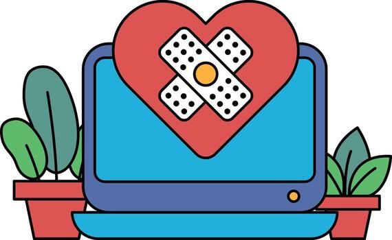 un computadora monitor con un corazón y un vendaje en eso vector