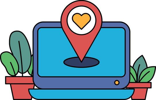 A computer monitor with a red heart and a red pin pointing to a location vector