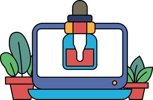 un computadora monitor con un botella de líquido en eso vector