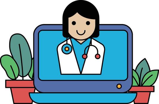 A woman is sitting in front of a computer screen with a smile on her face vector