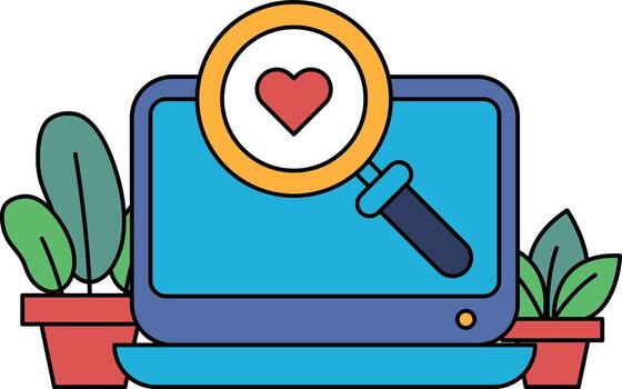 A computer monitor with a magnifying glass on it and a heart in the middle vector