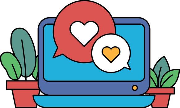 A computer monitor with two hearts on it and a plant in the background vector