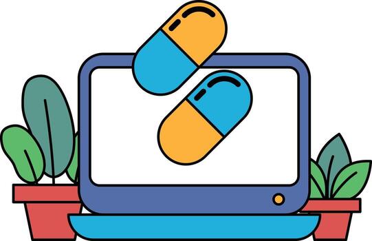 A computer monitor with two pills on it vector