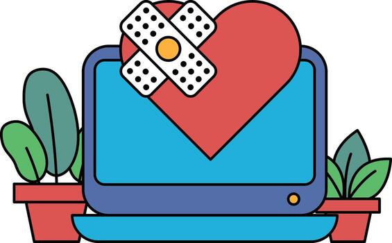 A computer monitor with a heart and bandages on it vector