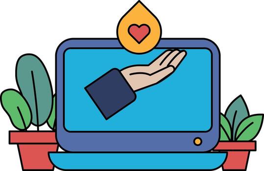 un computadora monitor con un mano participación un corazón en eso vector
