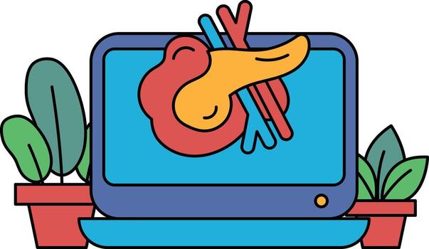 A cartoon drawing of a computer monitor with a red, yellow vector