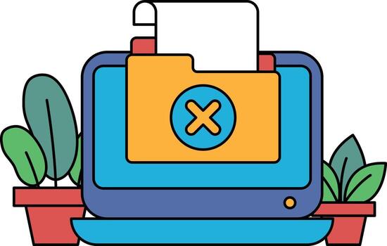 A computer monitor with a yellow and blue file that has an X on it vector
