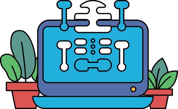 A blue computer monitor with a skeleton on it vector