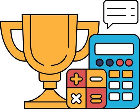 A trophy is shown next to a calculator and a set of math problems vector