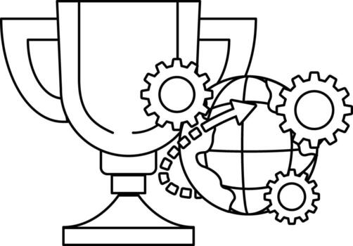 un trofeo con un globo y engranajes en eso vector