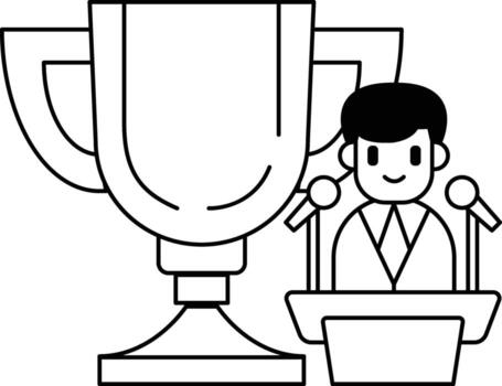un hombre es en pie en frente de un trofeo y micrófono vector