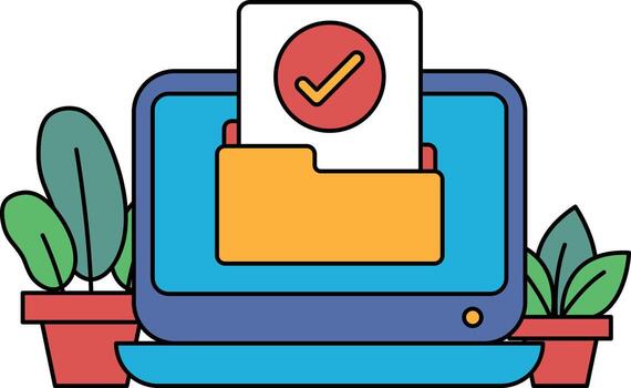 un computadora monitor con un rojo cheque marca en eso y un amarillo carpeta vector