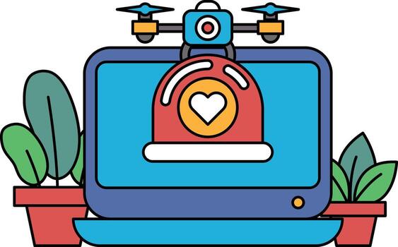 A computer monitor with a red heart on it and a drone in the background vector