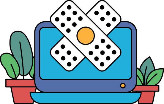 A computer monitor with a cross on it and a plant next to it vector