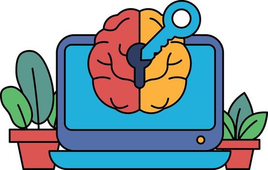 A computer monitor with a key on it and a brain on the screen vector